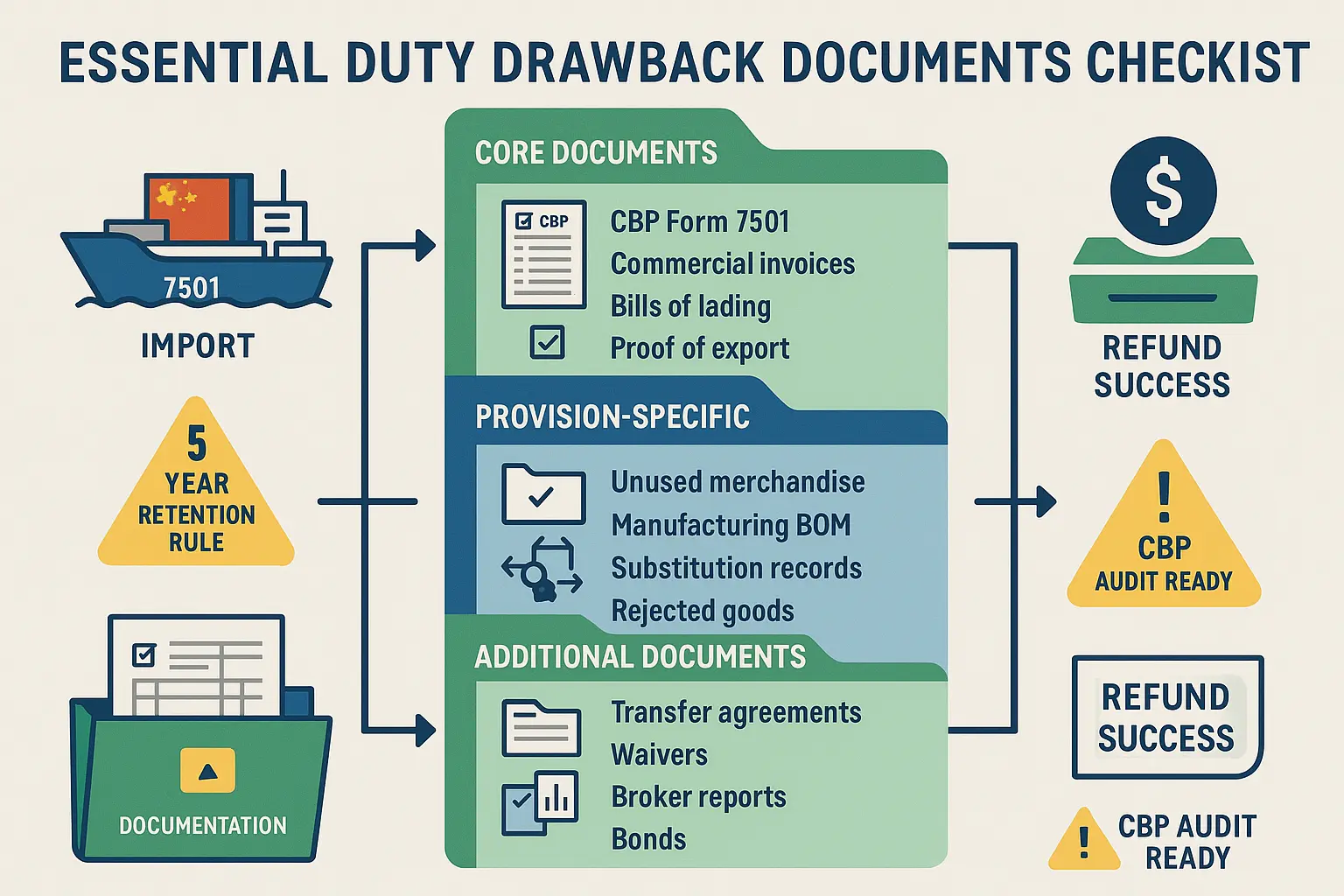 Essential duty drawback documents checklist infographic showing core documents (CBP Form 7501, commercial invoices, bills of lading), provision-specific requirements (unused merchandise, manufacturing BOM, substitution records), and additional documents (transfer agreements, waivers, broker reports, bonds) with 5-year retention rule and CBP audit ready warnings