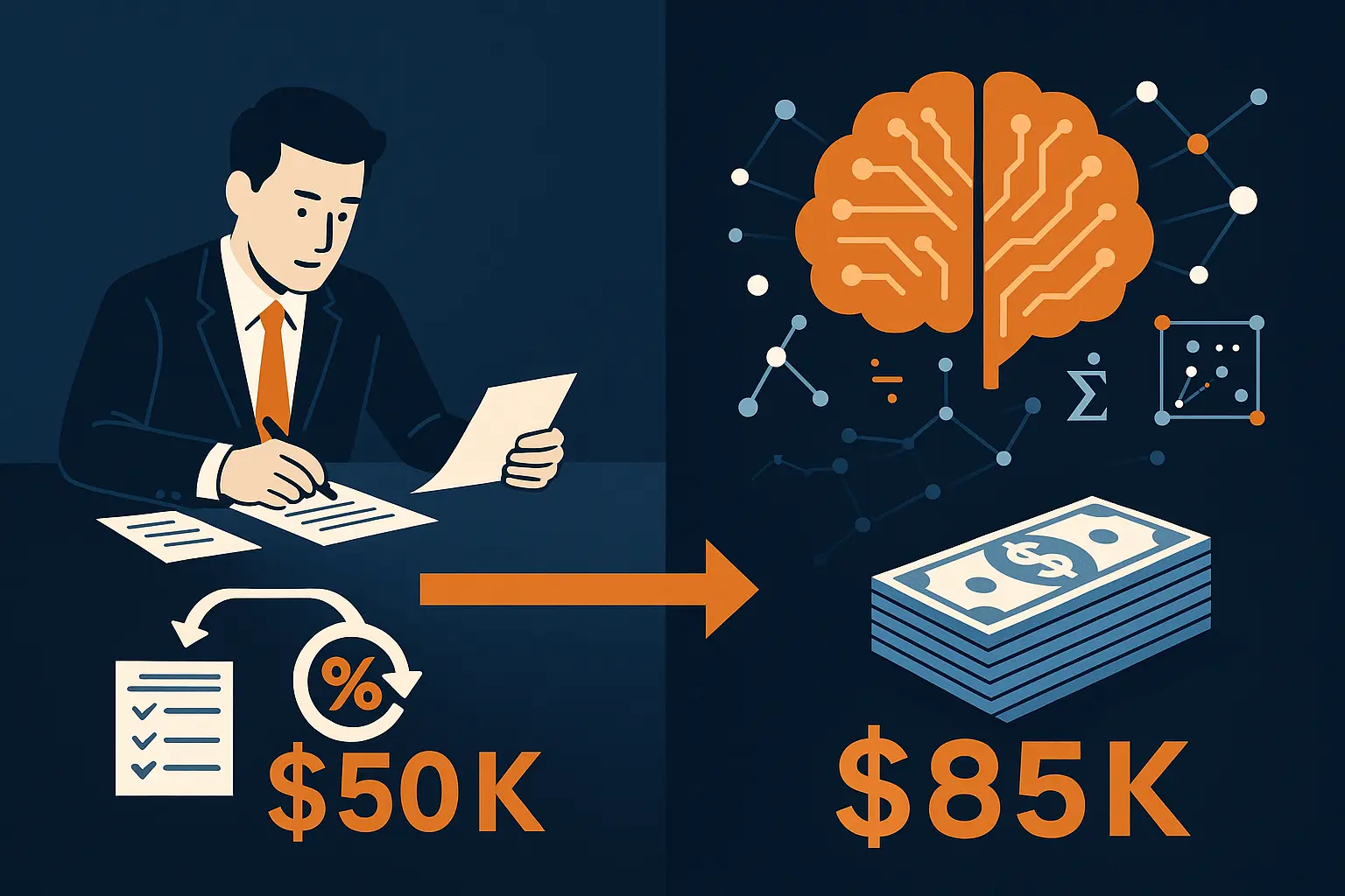 Duty drawback optimization comparison showing traditional broker approach with basic FIFO matching yielding $50K refund versus AI-powered approach with multi-dimensional optimization achieving $85K refund from same import-export data