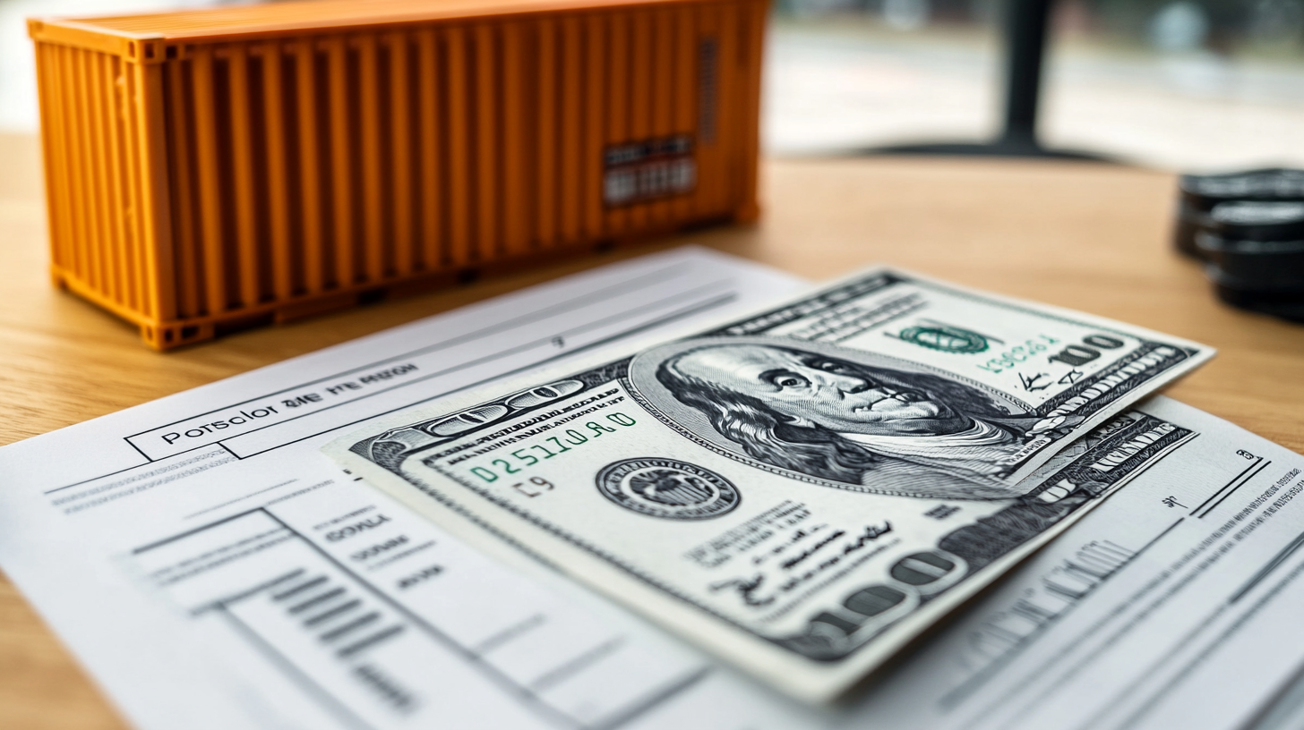 Stack of hundred dollar bills next to stamped customs documents and delivery truck representing tariff refunds and duty drawback process