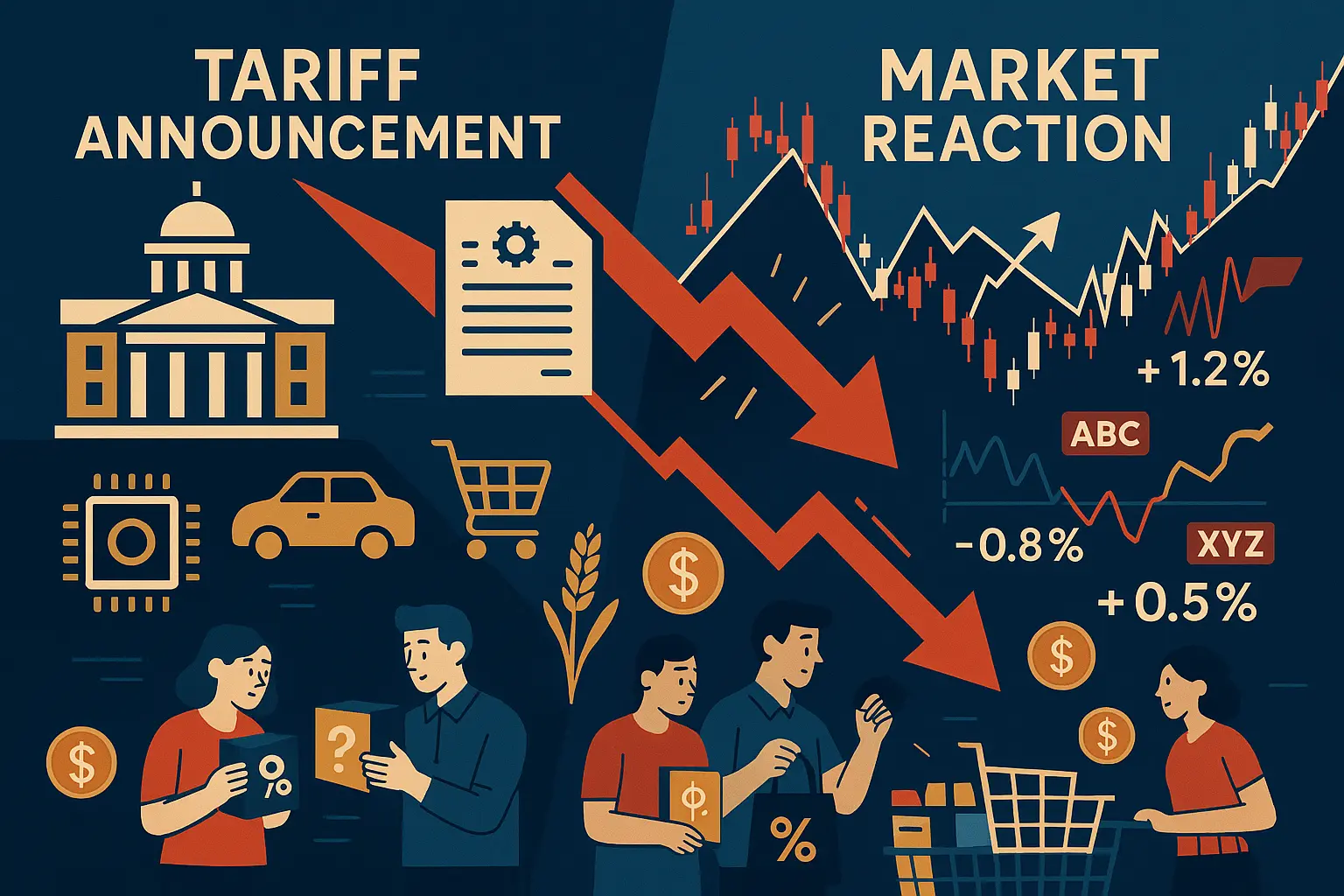 Infographic showing how tariffs impact stock markets and consumer behavior, with charts displaying trade policy effects on investor sentiment and purchasing patterns