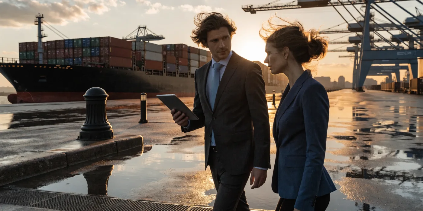 A Pax specialist meeting a client at a shipping terminal.
