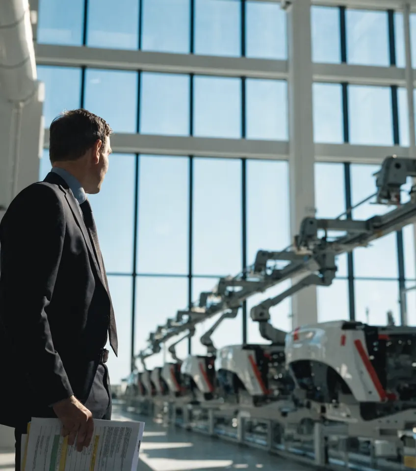 A businessperson reviewing documents near a modern automated production line.