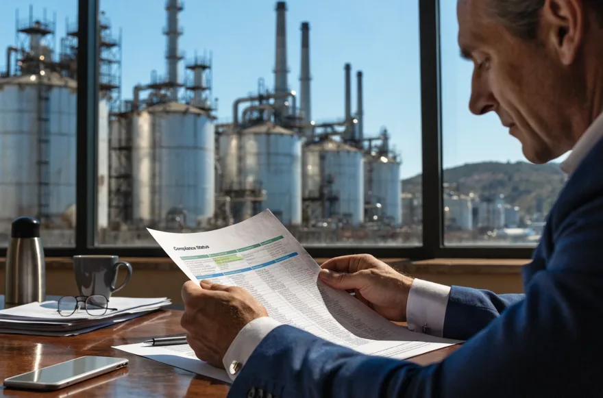 A petroleum trade specialist reviewing documents at a refinery.