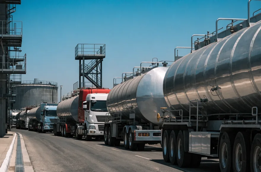 Tanker trucks moving petroleum product from a terminal.