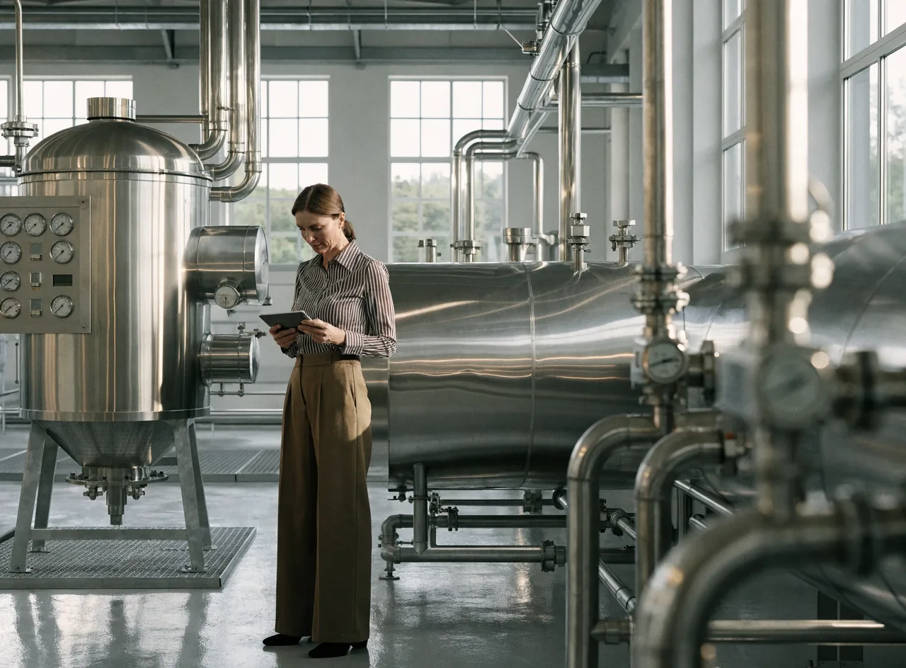 A technician in protective gear inspecting equipment at a chemical production facility.