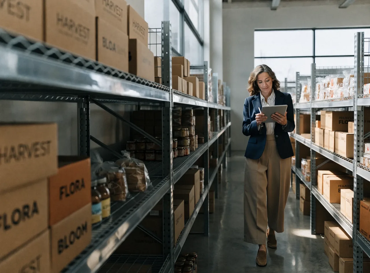 Branded retail inventory organized across a fulfillment center.