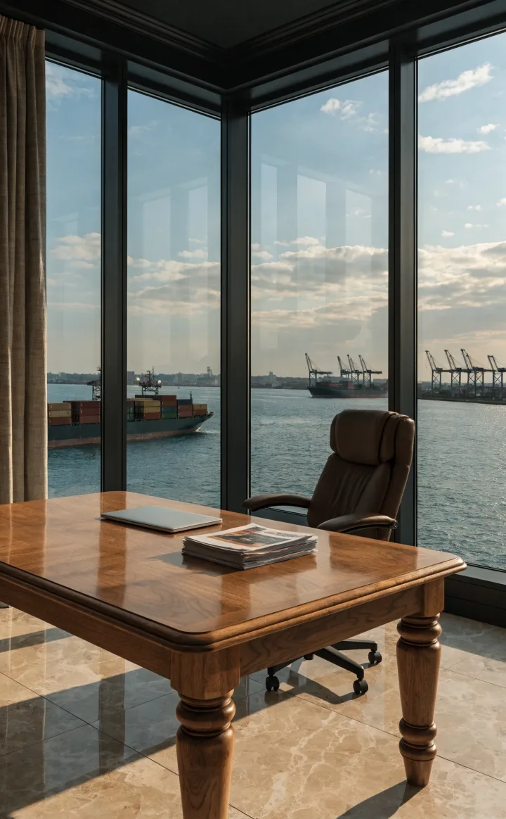 An executive office overlooking a working port at dusk.