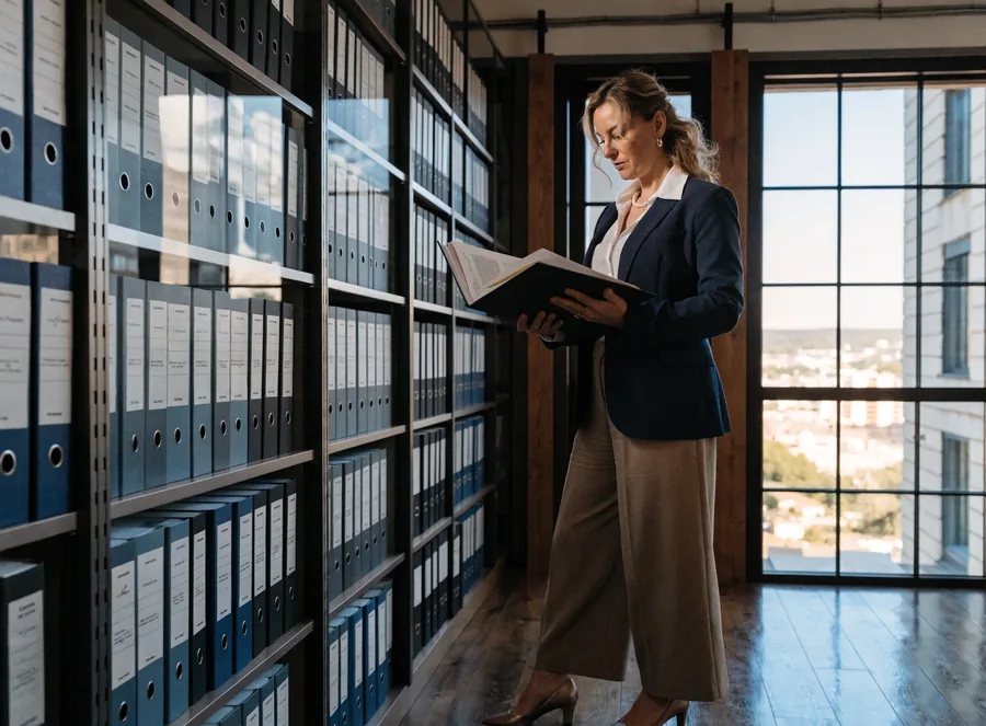An analyst reviewing archived records in a document library.