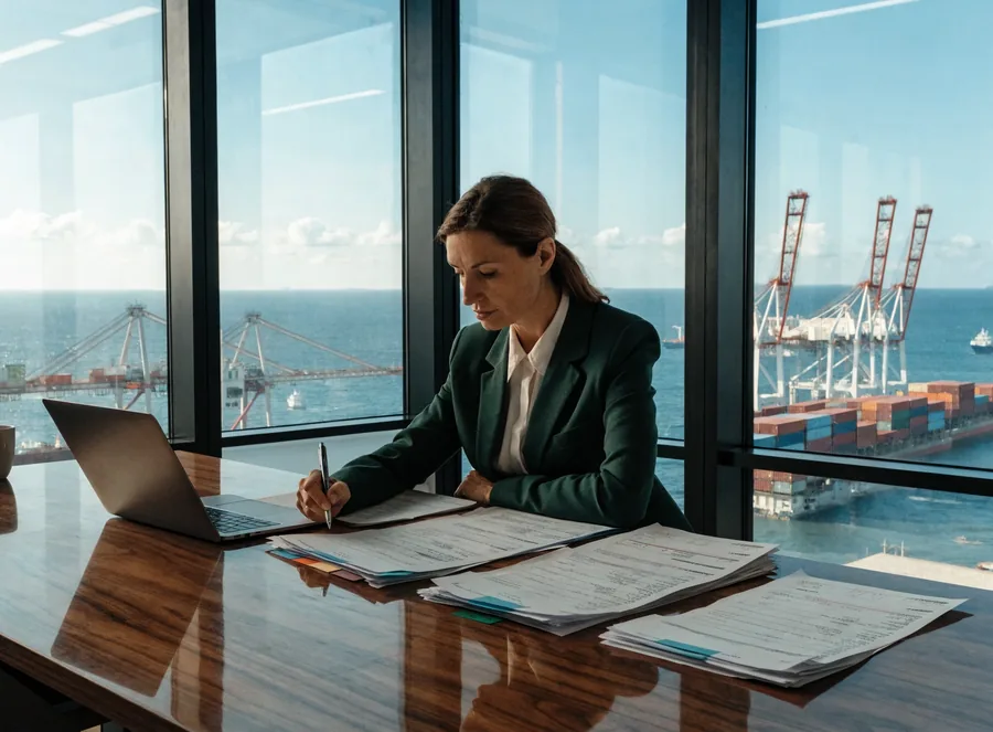 An analyst auditing entries at a desk overlooking a container port.